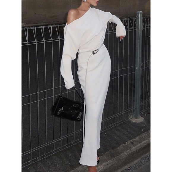Commense Dresses & Skirts - COMMENSE Asymmetrical Off Shoulder Solid Long Sleeve Maxi Dress white size M